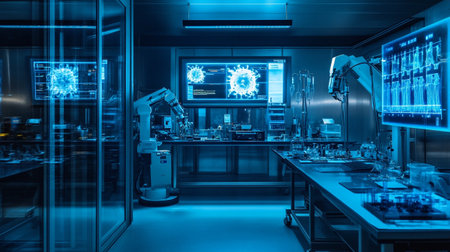 3D rendering of a medical research laboratory with microscope and test tubesの写真素材