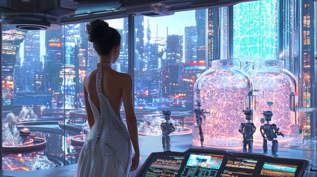 View of a beautiful woman in a futuristic space station with futuristic technology interfaceの写真素材