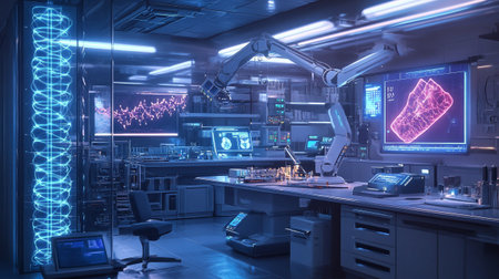 3d rendering of a modern scientific laboratory with a robot working on a monitorの写真素材