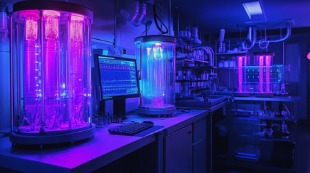 laboratory equipment with blue light in a science research laboratory.の写真素材