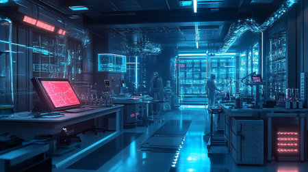 3d rendering of science fiction laboratory interior with equipment and science experiments.の写真素材