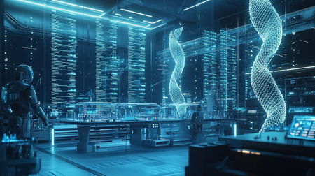 3D rendering of futuristic server room with glowing wireframe interface.の写真素材