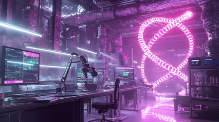 Futuristic cyberpunk interior of a scientific laboratory with glowing lights. 3D Renderingの写真素材