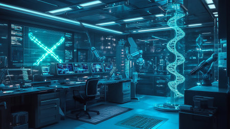 3D rendering of a futuristic cyberpunk office interior with neon lightsの写真素材