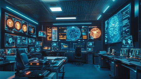 3d rendering of modern cyber security room with computer monitors and screensの写真素材