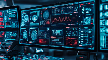 Close-up of the modern control room of a large data centerの写真素材