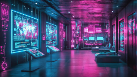 Futuristic sci fi interior with neon lights. Cyberpunk concept. 3D Renderingの写真素材