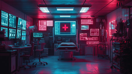Interior of a modern hospital. 3D rendering. Neon lightの写真素材