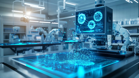 Futuristic robot working in a laboratory 3D rendering toned image double exposureの写真素材