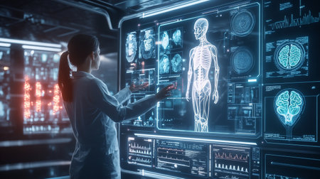 3D rendering of a medical ward with a robot in the foregroundの写真素材