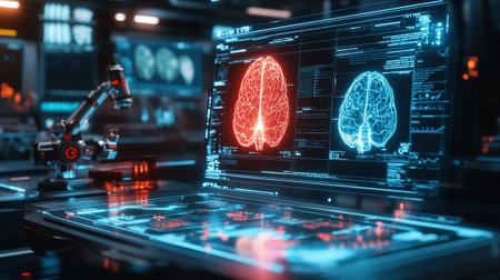3d rendering. Futuristic robot and human brain in the laboratory.の写真素材