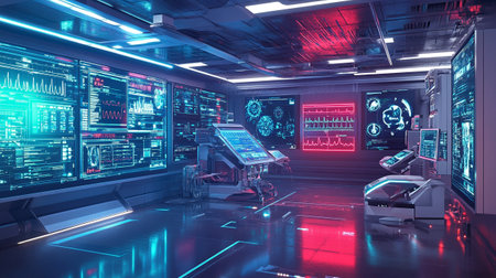 3D rendering of a futuristic spaceship interior with virtual interface and HUD elementsの写真素材