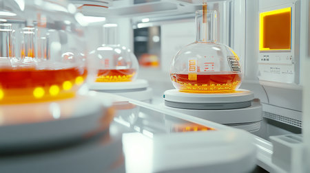 Laboratory glassware with liquid in chemical laboratory. 3d renderの写真素材