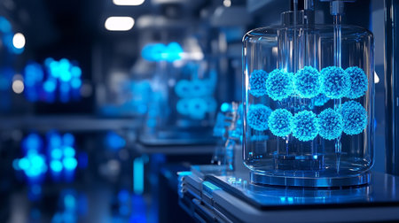 3D rendering of a vial with virus cells inside on blue backgroundの写真素材