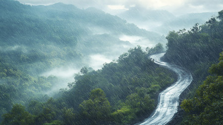 Mountain landscape with fog in the morning at Doi Inthanon National Park, Chiang Mai, Thailandの写真素材