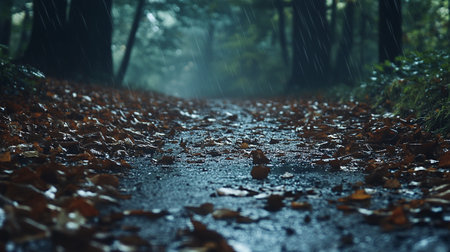 Autumn rain in the forest. Fallen leaves on the road.の素材