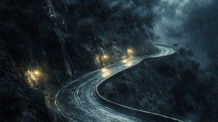 Winding mountain road in the rain. 3D Rendering.の写真素材
