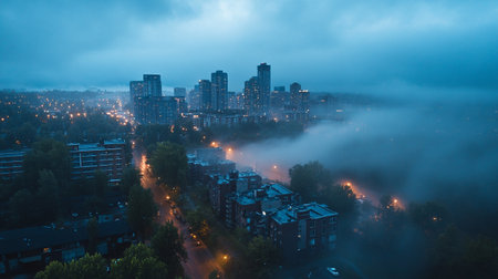 Aerial view of the city of Kiev in the fog. Ukraineの写真素材