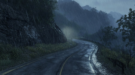 Winding road in the mountains at rainy day. 3d renderingの写真素材