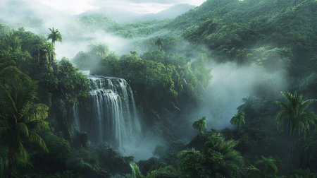 Tropical rainforest with waterfall and fog in Bali, Indonesiaの写真素材