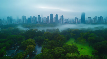 Aerial view of a foggy morning in the city park.の写真素材