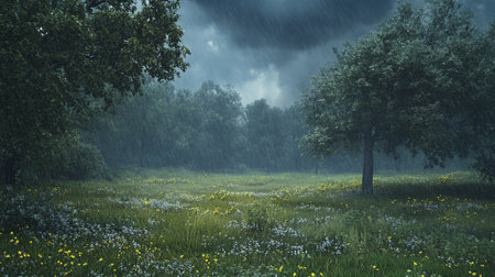 Green meadow with dandelions and trees in the rain.の写真素材