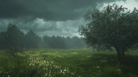 Green meadow with dandelions and a lonely tree in the rainの写真素材
