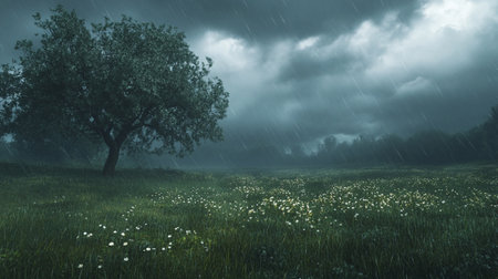 Meadow in the rain with a lonely tree and daisiesの写真素材