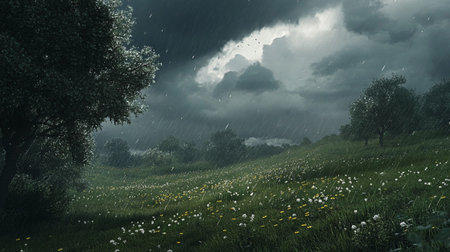 Rainy meadow with dandelions and clouds in the backgroundの写真素材