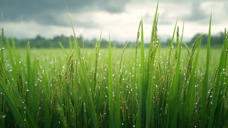 Green rice field in rainy season with rain drops. Nature background.の写真素材