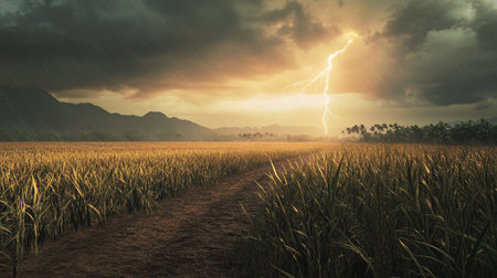 Rice field at sunset with lightning in the sky,3d renderの写真素材