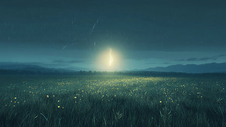 Fantasy landscape with grass field and lightning. 3d illustration.の写真素材