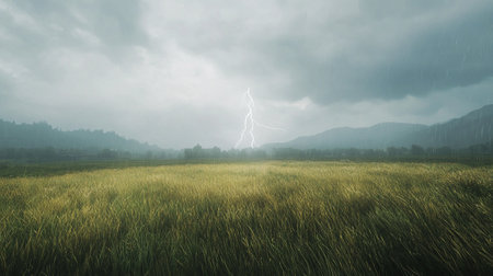 Lightning in the sky over a meadow. 3d renderingの写真素材