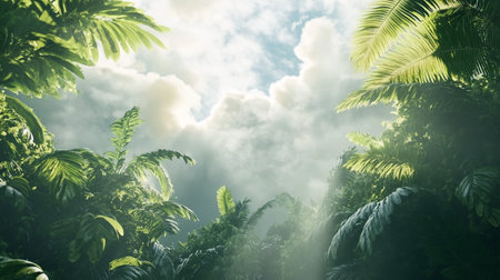 Tropical rainforest with palm trees and blue sky with cloudsの写真素材