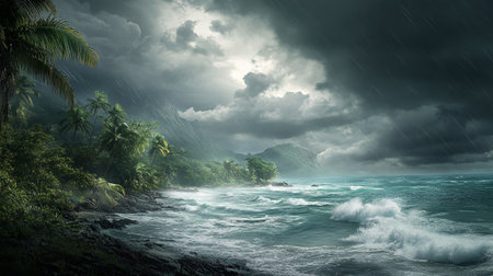 Beautiful seascape with rain clouds and tropical palm trees.の写真素材