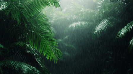tropical rainforest with green palm leaves in the rain.の写真素材