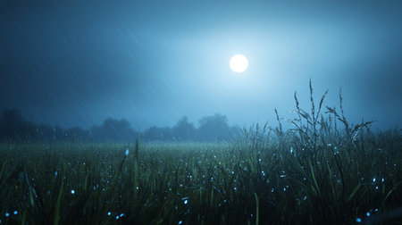 Foggy meadow at night with grass and sun in backgroundの写真素材