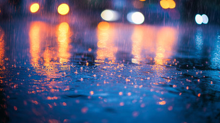 Rain drops on the wet asphalt in the city at night. Defocused background.の写真素材