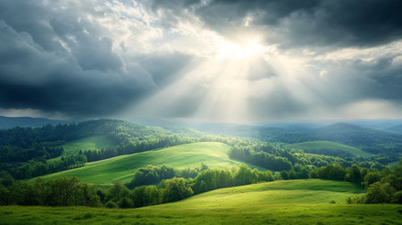 Beautiful spring landscape with green meadow and blue sky with cloudsの写真素材