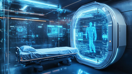 3d rendering of a medical room with neon lights and a bedの写真素材