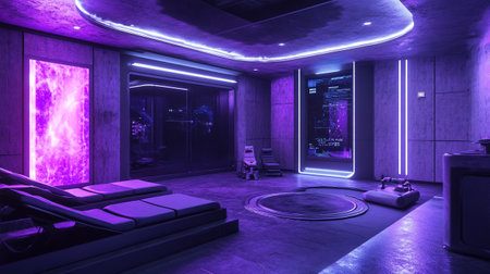 Interior of a modern sauna with neon lights. 3D renderingの写真素材