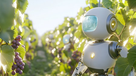 Robot in the vineyard. Close-up of a robot against the background of a vineyard.の写真素材
