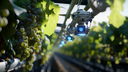 Rows of grapes on a vineyard in the light of a lanternの写真素材