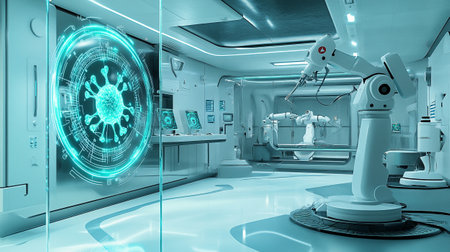 3d rendering x-ray image of a modern operating room with robotの写真素材