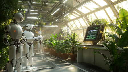 3d rendering of a robot working in a botanical garden.の写真素材