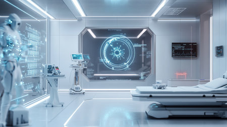 3d rendering robot working in modern medical room with hologram screenの素材