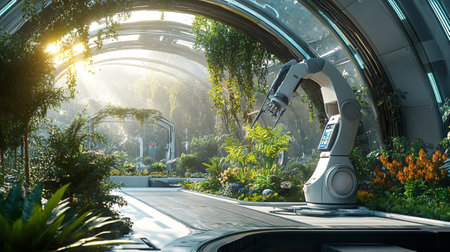 Robot working in the garden. 3d rendering and illustration.の素材