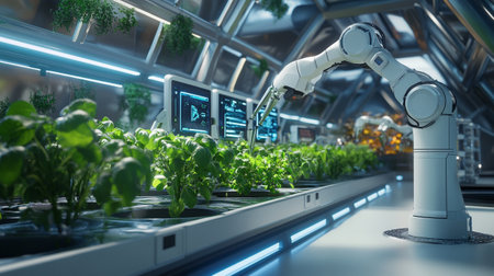 3d rendering robotic arm with green seedlings in a greenhouse.の写真素材
