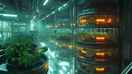 Futuristic server room with glowing lights and plants. 3d renderingの写真素材