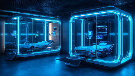 3D rendering of a medical room with neon lights in blue tonesの写真素材